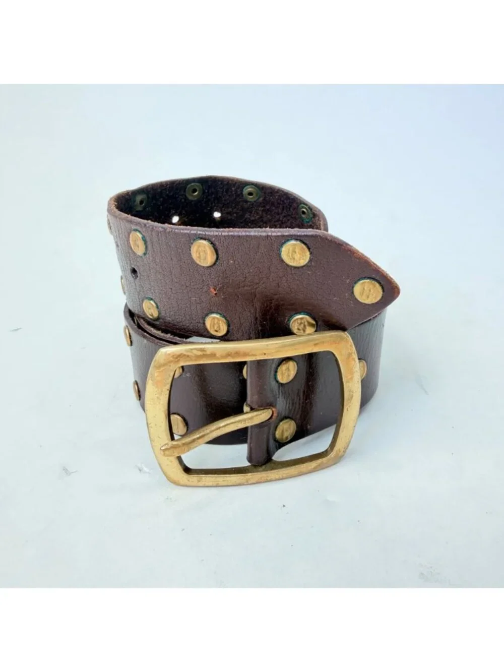 Linea Pelle vintage Studded Leather Belt Brown Brass Western Distressed Size M